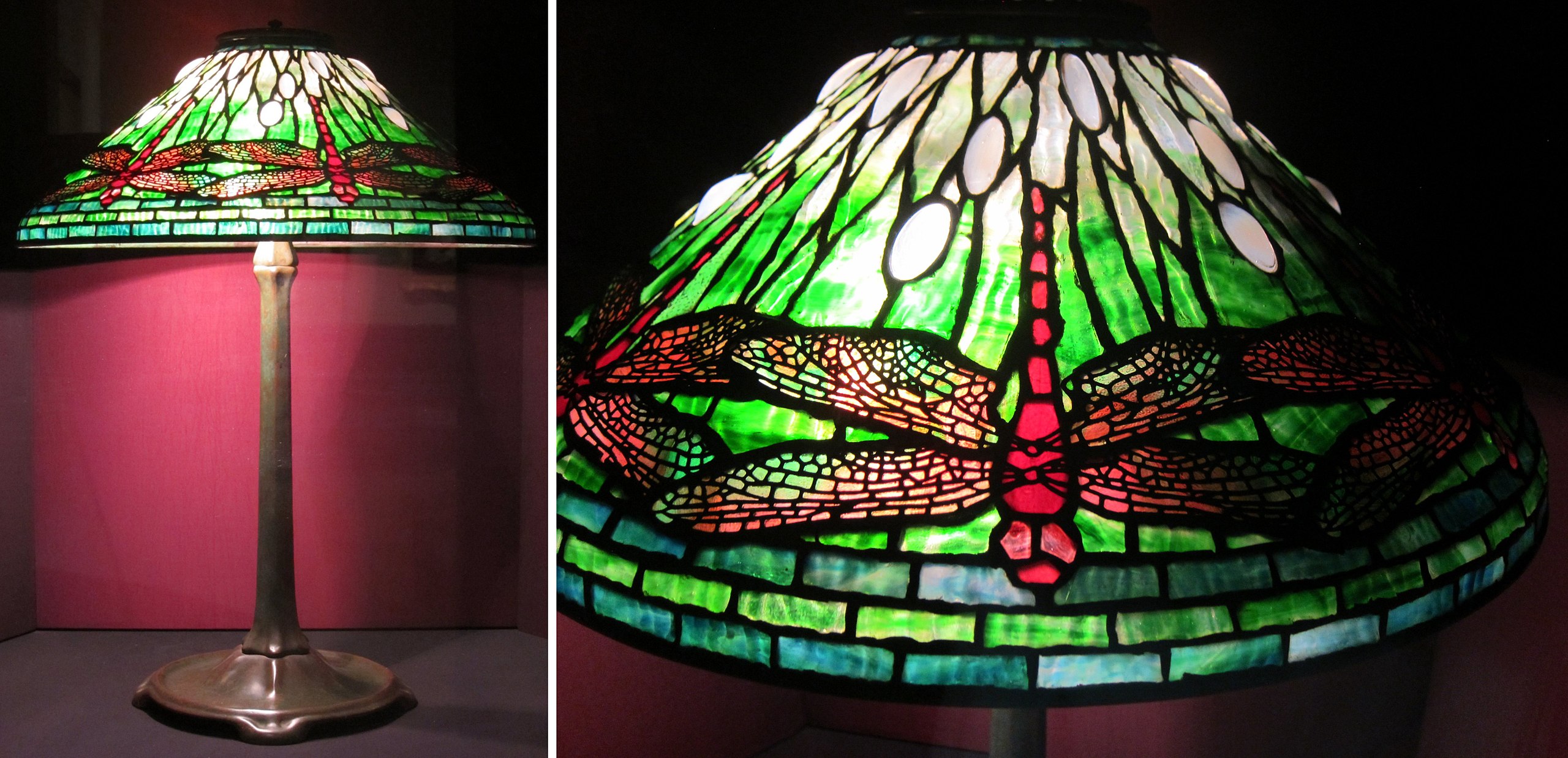 Vibrant Tiffany Studios Dragonfly lamp on display at the Dayton Art Institute, aglow with fiery iridescence 