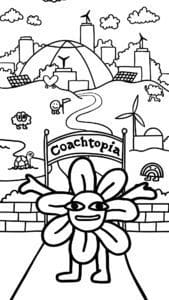 Bonnie, the animated flower, welcoming users at Coachtopia's entrance with a scenic backdrop of wind turbines, a dome, and a vibrant community.