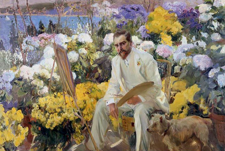 Louis Comfort Tiffany captured in a vibrant garden by Joaquín Sorolla y Bastida, surrounded by blooms and creative energy