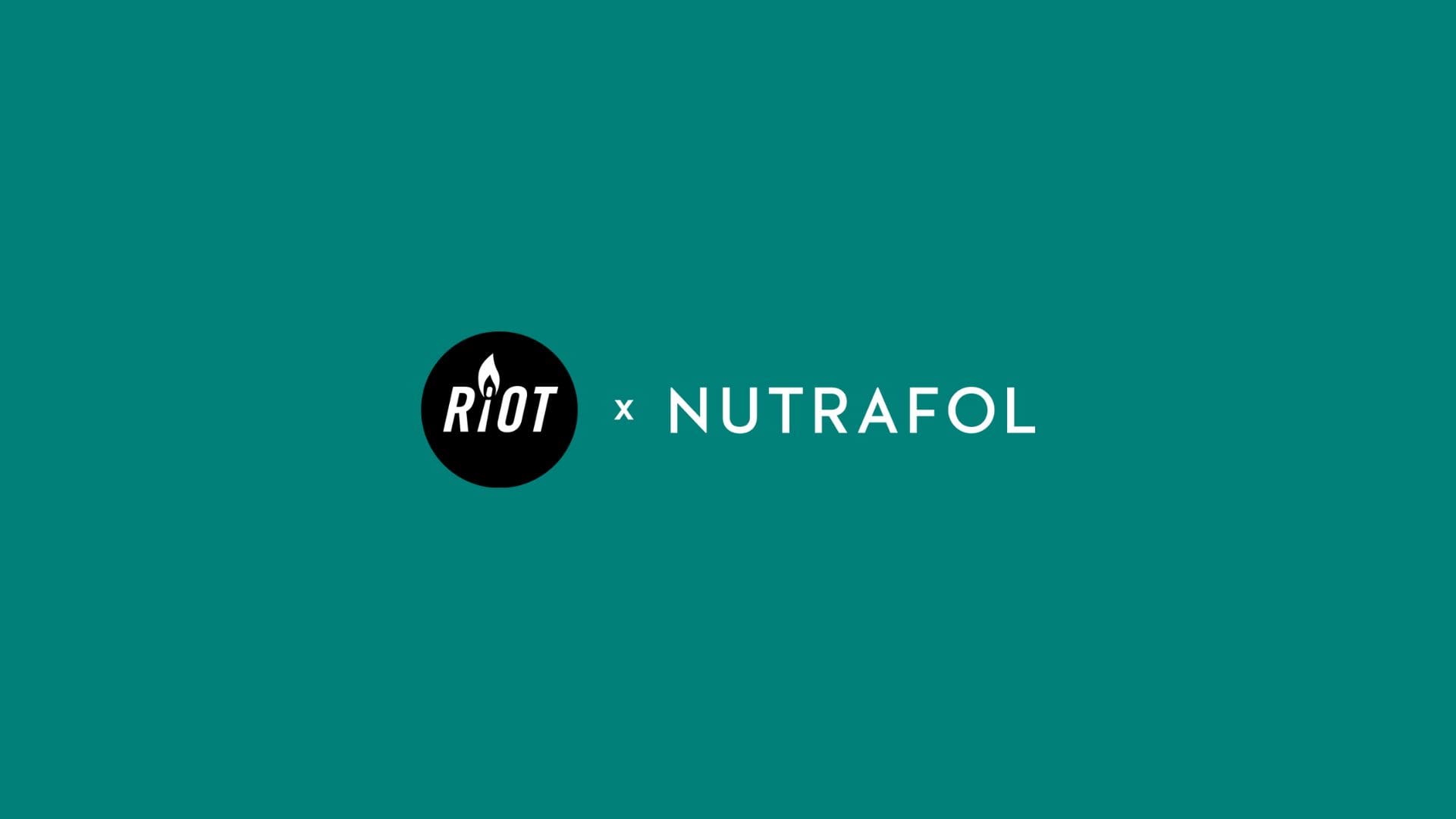 Logo of RIOT x NUTRAFOL collaboration displayed on a teal background, symbolizing the partnership between RIOT creative agency and Nutrafol hair wellness company.