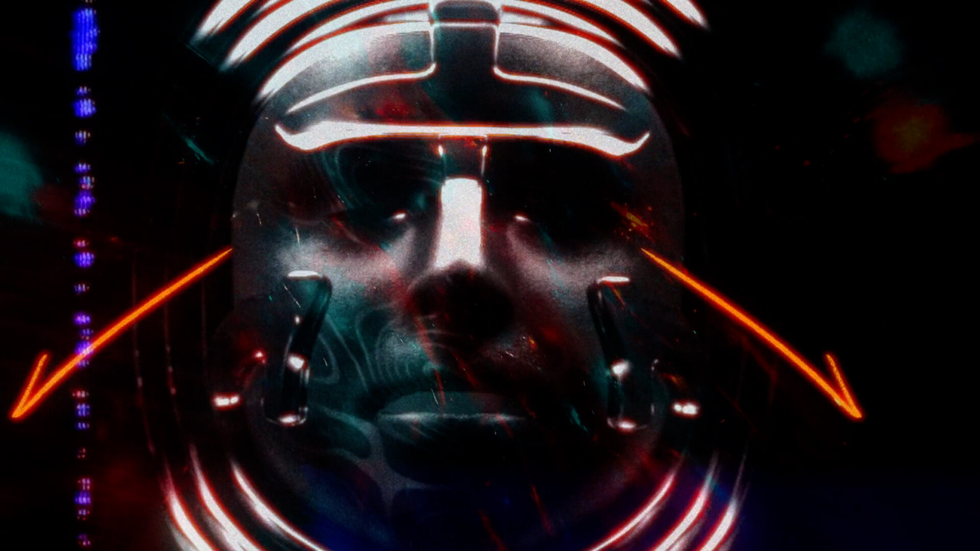 Close-up of an astronaut's face with neon lights