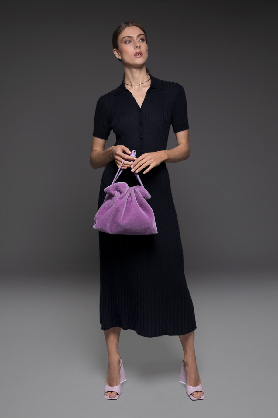 Neiman Marcus - Sweater Dress and Purple Velvet Bag