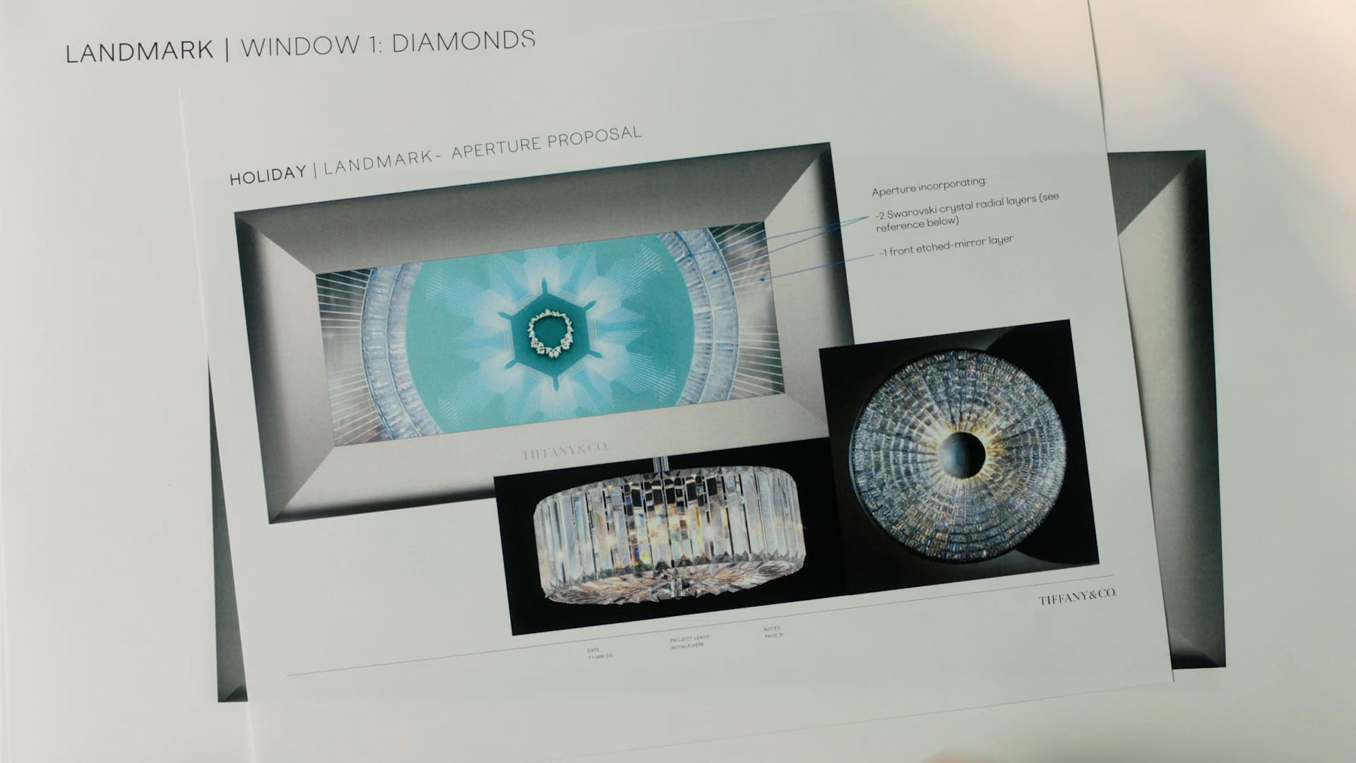 Design proposal for Tiffany's 2023 Holiday Window featuring a diamond aperture with Swarovski crystal layers and an etched-mirror detail.
