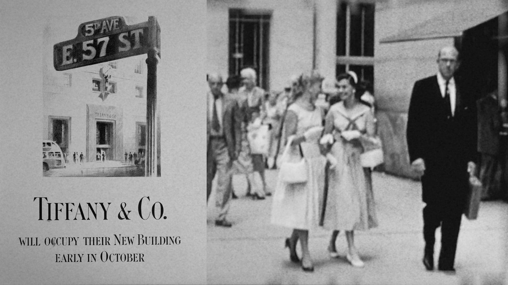 Vintage black and white promotional image announcing Tiffany & Co.'s move to their new building, featuring a street sign of 5th Ave and E. 57th St and an illustration of the store's façade, with pedestrians from the era in the foreground.