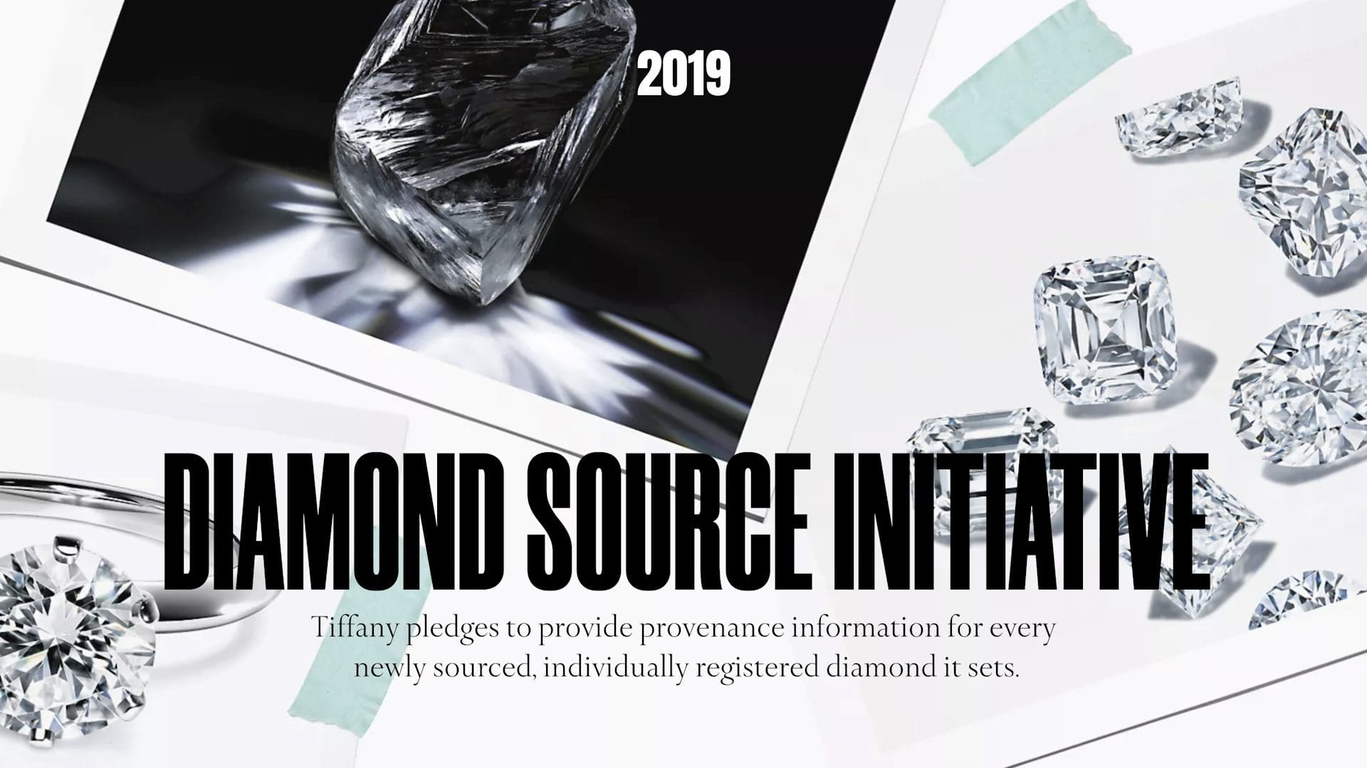 Promotional graphic for Tiffany & Co.'s 2019 Diamond Source Initiative, showcasing various cut diamonds and the commitment to providing provenance information for each newly sourced, individually registered diamond.