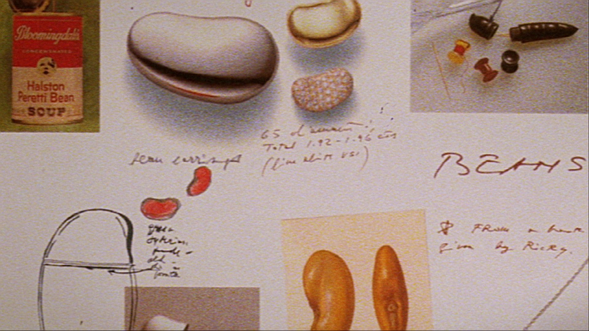 Collage featuring the design process of Elsa Peretti for Tiffany & Co., with sketches, notes, and various bean-shaped prototypes reflecting the creative development of her iconic jewelry pieces.