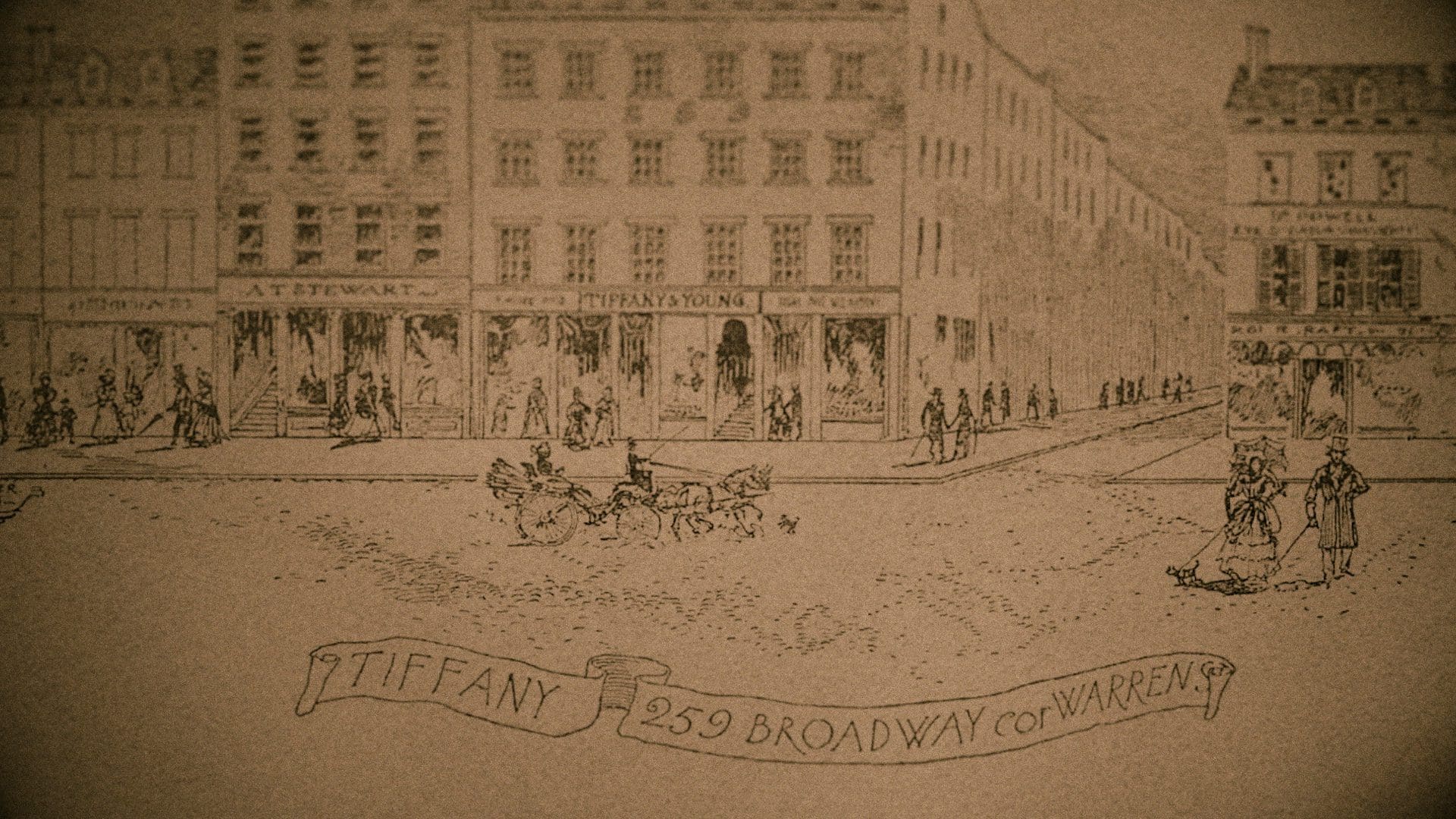 Vintage illustration of the original Tiffany & Co. storefront at 259 Broadway, corner of Warren, bustling with activity and horse-drawn carriages from the 19th century.