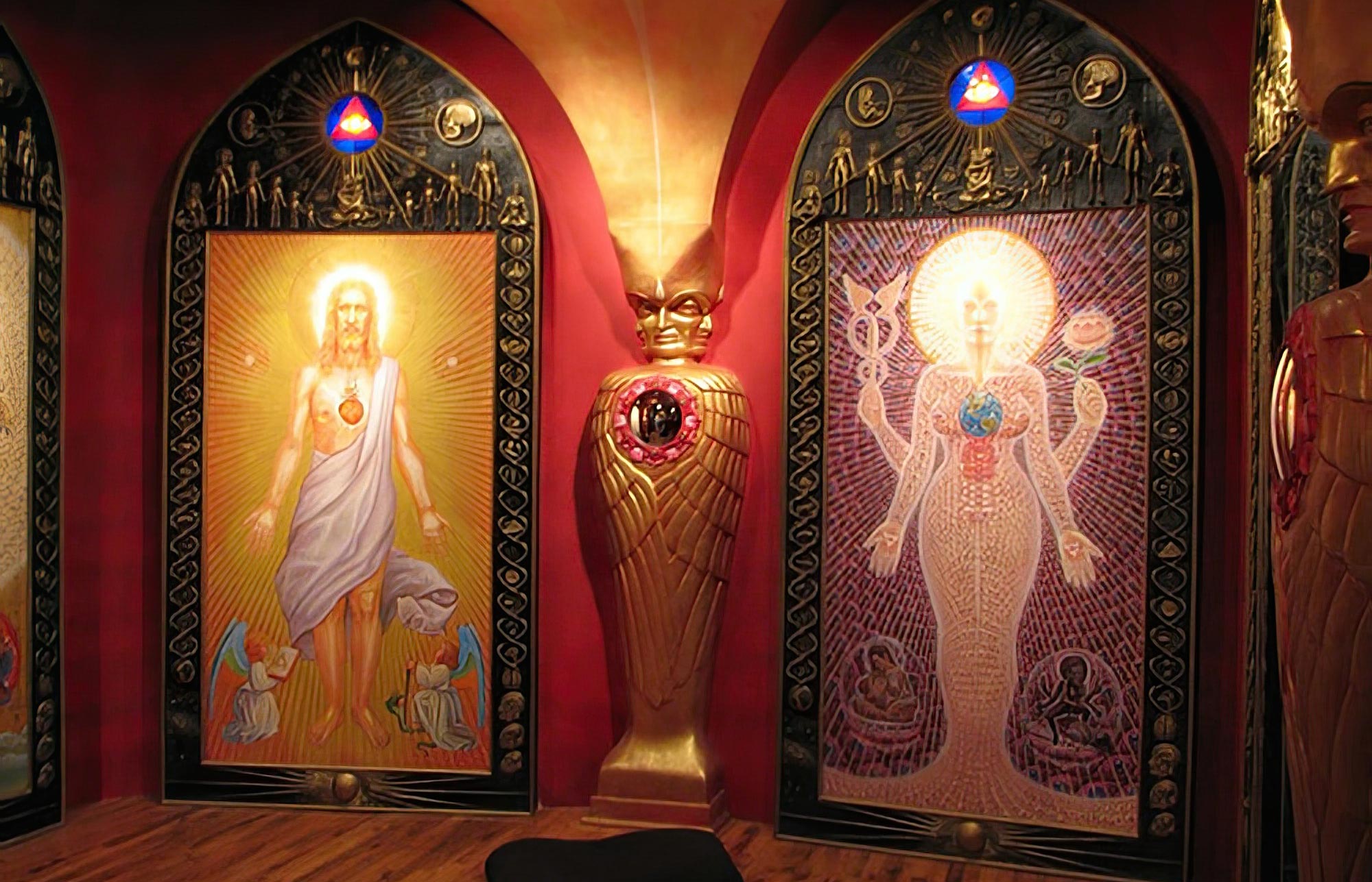 Alex Gray’s Sacred Mirrors displayed in the Chapel of Sacred Mirrors (COSM), a spiritual space dedicated to visionary art and consciousness exploration.