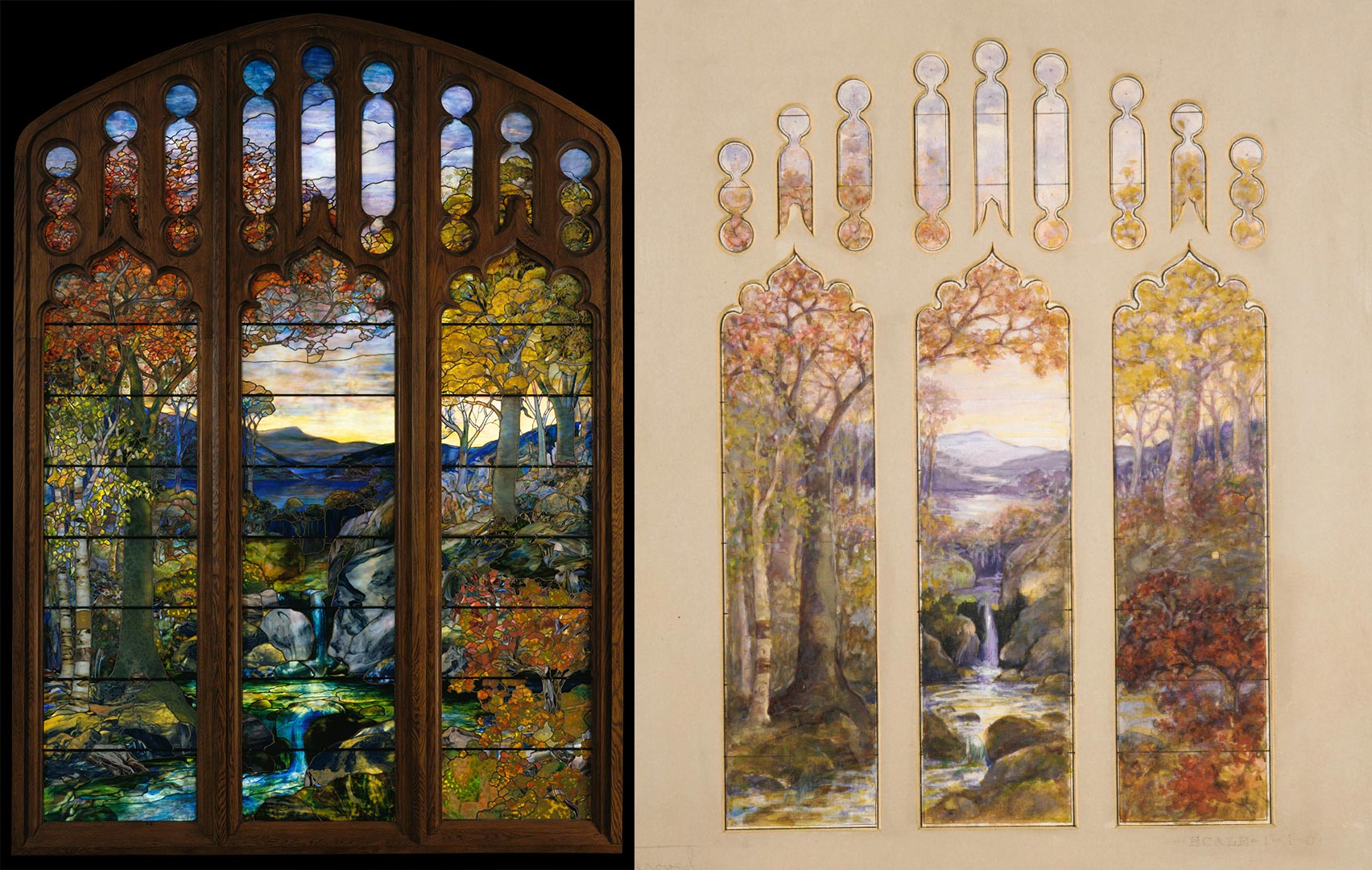 Side-by-side of Tiffany’s “Autumn Landscape” stained glass window and the original watercolor design, attributed to Agnes Northrop. Combined image via Wikimedia Commons.