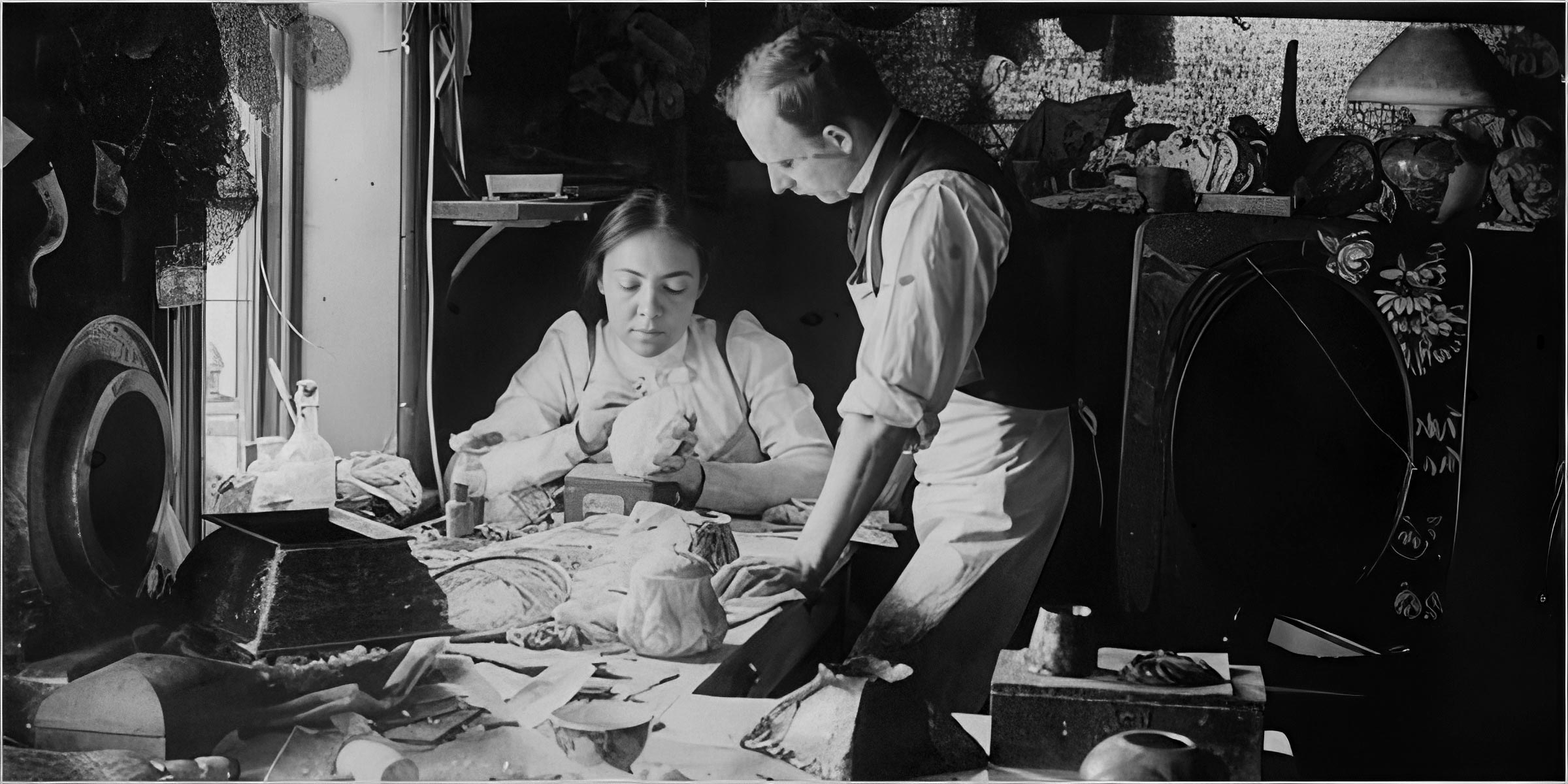 Clara Driscoll, Tiffany glass designer, working in her studio in 1901. Historic photograph via Wikimedia Commons.