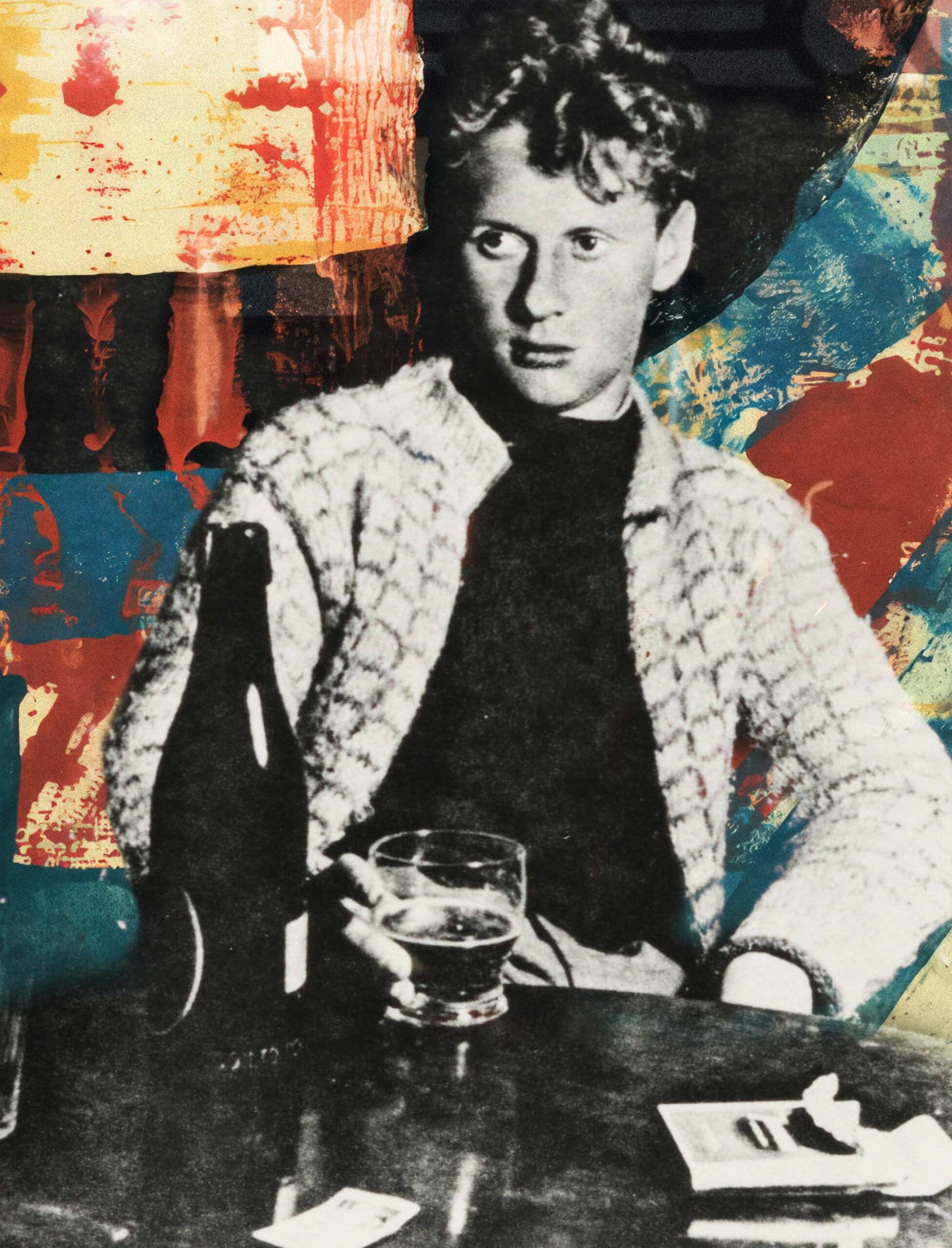 Artwork of Dylan Thomas sitting in a Welsh pub with a pint of beer, adapted from a photo by Rosalie Thorne McKenna. Created by MUG5.