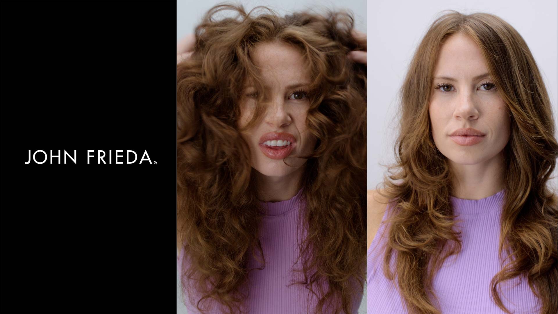 Side-by-side image showing a frizzy-haired model on the left and smooth, styled hair on the right with the John Frieda logo.