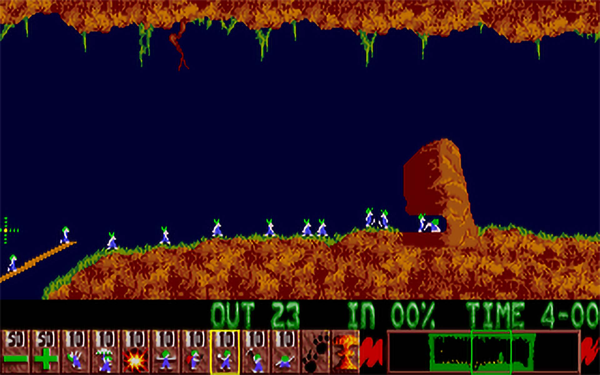 Lemmings Amiga version gameplay showing characters navigating obstacles.