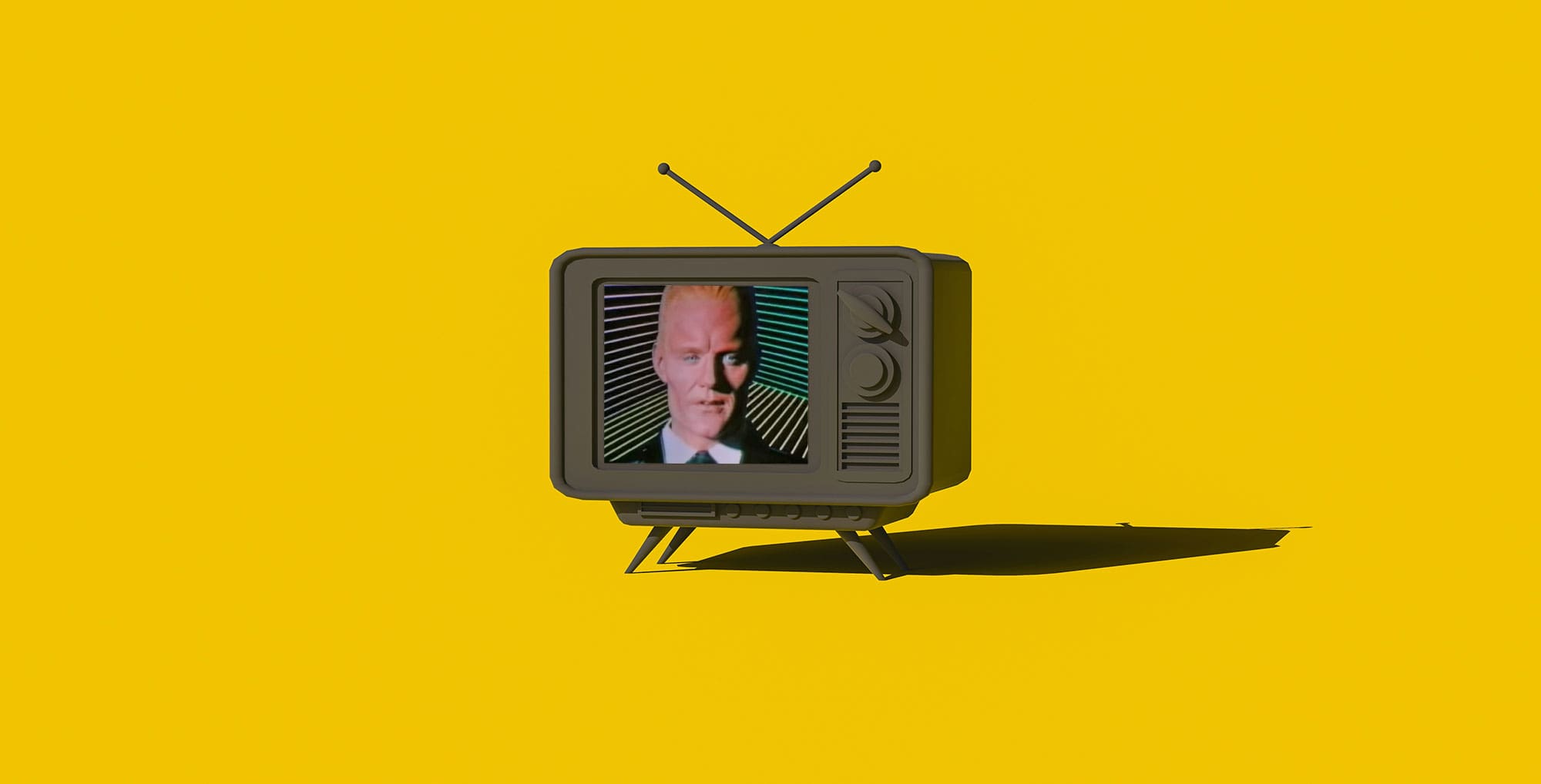 Max Headroom on a retro TV screen with a yellow background.