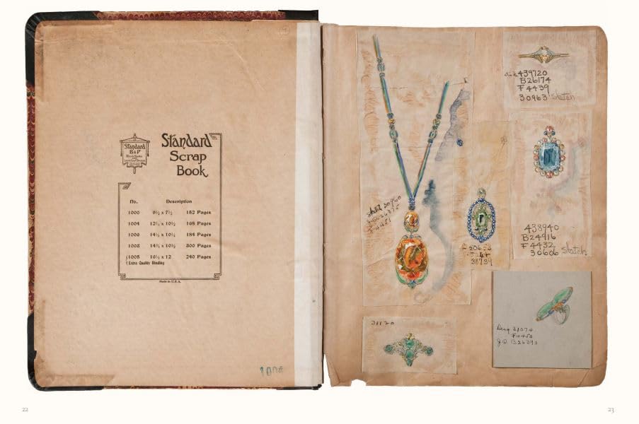 Page from Meta Overbeck’s design book for Louis C. Tiffany art jewelry, showing sketches of pendants and rings. Photo courtesy of Hillwood Museum.