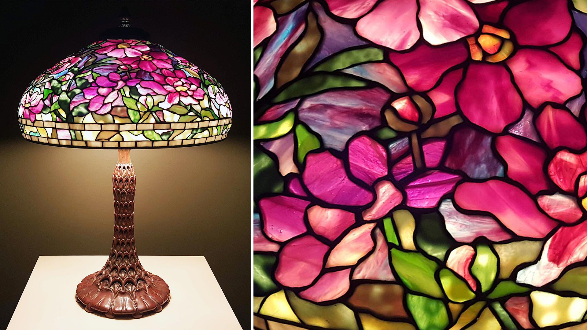 Close-up detail of the Tiffany Studios Peony table lamp, showing vibrant pink blossoms in stained glass. Image via Wikimedia Commons.