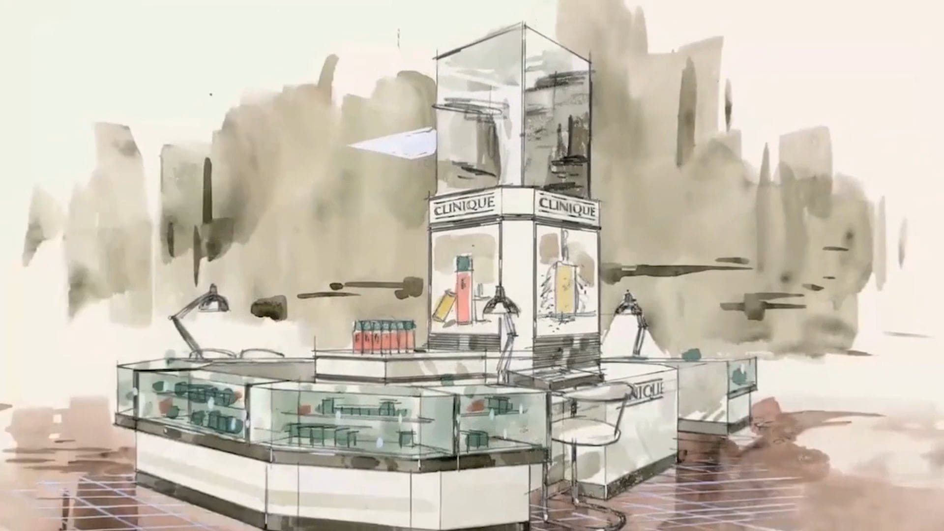 An artistic sketch of a Clinique concept store featuring product displays and counters.