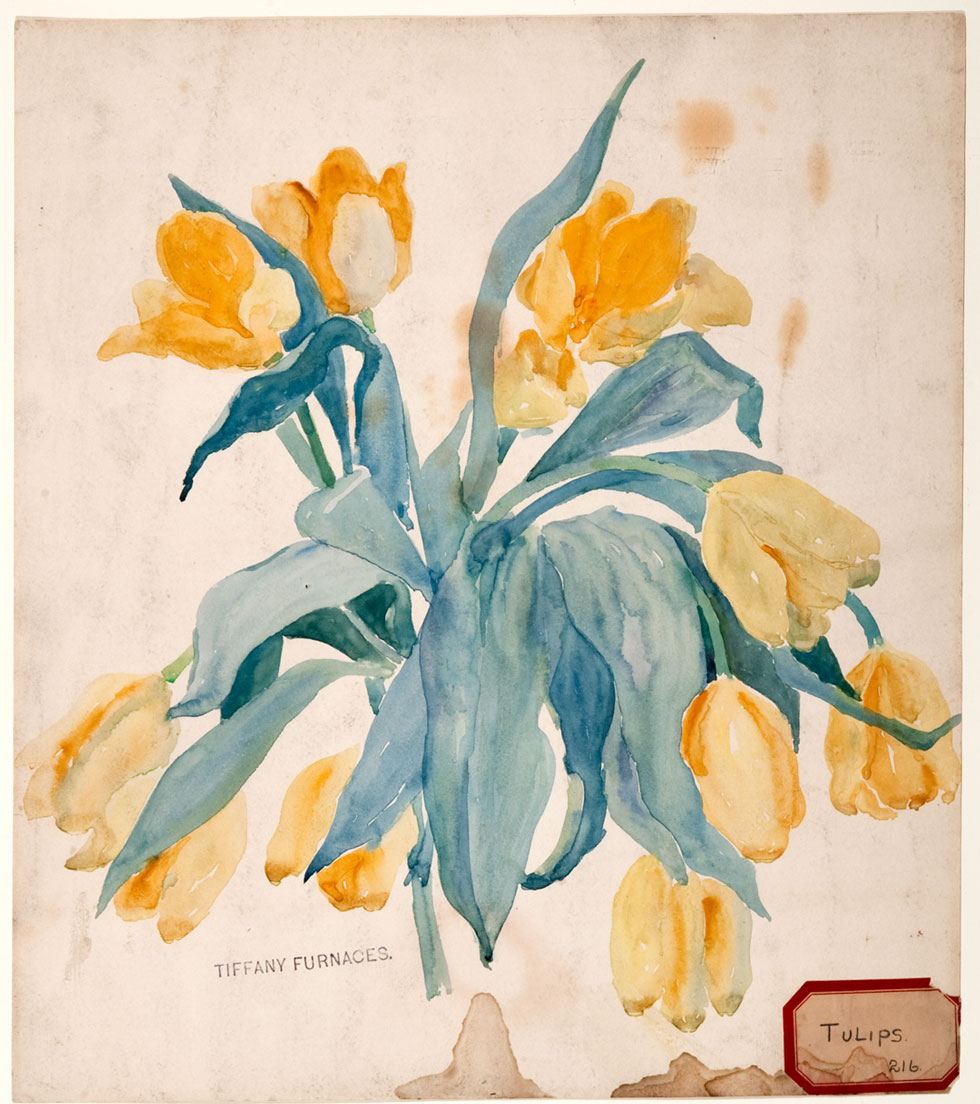 “Tulips” watercolor by Lillian Palmié, showing bright yellow blossoms. From the Charles Hosmer Morse Museum of American Art.